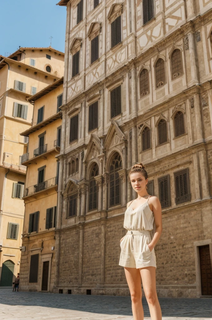 her name is An, high quality, 1girl, ((20-year-old fit Caucasian woman)), ((20 years old)), ((fit)), ((hair in a bun)), pose: standing, wearing pastel colored unique gen Z modern wear, BACKGROUND: "Your home is an elegant Renaissance palazzo, with frescoed facades and a view of the iconic Duomo and Ponte Vecchio."