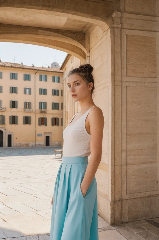 her name is An, high quality, 1girl, ((20-year-old fit Caucasian woman)), ((20 years old)), ((fit)), ((hair in a bun)), pose: standing, wearing pastel colored unique gen Z modern wear, BACKGROUND: "Your home is an elegant Renaissance palazzo, with frescoed facades and a view of the iconic Duomo and Ponte Vecchio."