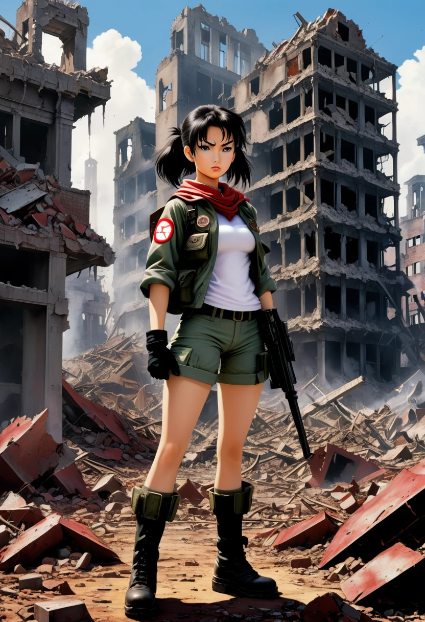 "A high school girl surviving in a ruined world in the style of Akira Toriyama. Dirty uniform, weapon in hand, collapsed buildings and ruins in the background, a determined gaze."