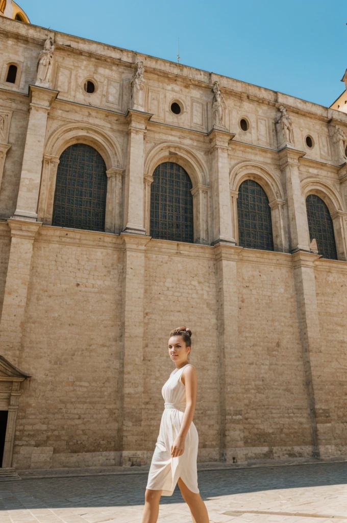 her name is An, high quality, 1girl, ((20-year-old fit Caucasian woman)), ((20 years old)), ((fit)), ((hair in a bun)), pose: standing, wearing pastel colored unique gen Z modern wear, BACKGROUND: "Your home is an elegant Renaissance palazzo, with frescoed facades and a view of the iconic Duomo and Ponte Vecchio."