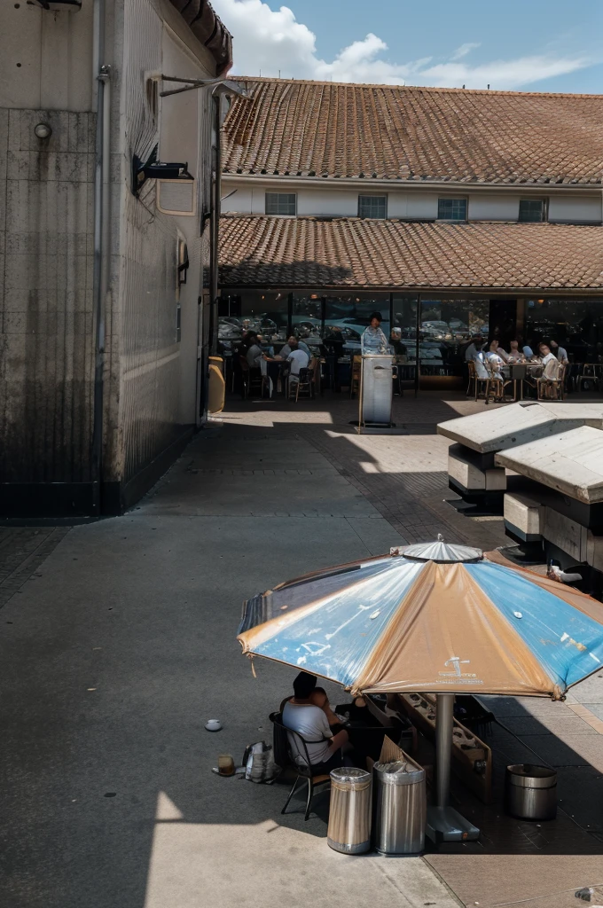 people sitting around and eating at an outdoor fish restaurant on a pier while a spaceship flies by in the distance, masterpiece, photo realistic, epic, best, futuristic restaurant scene