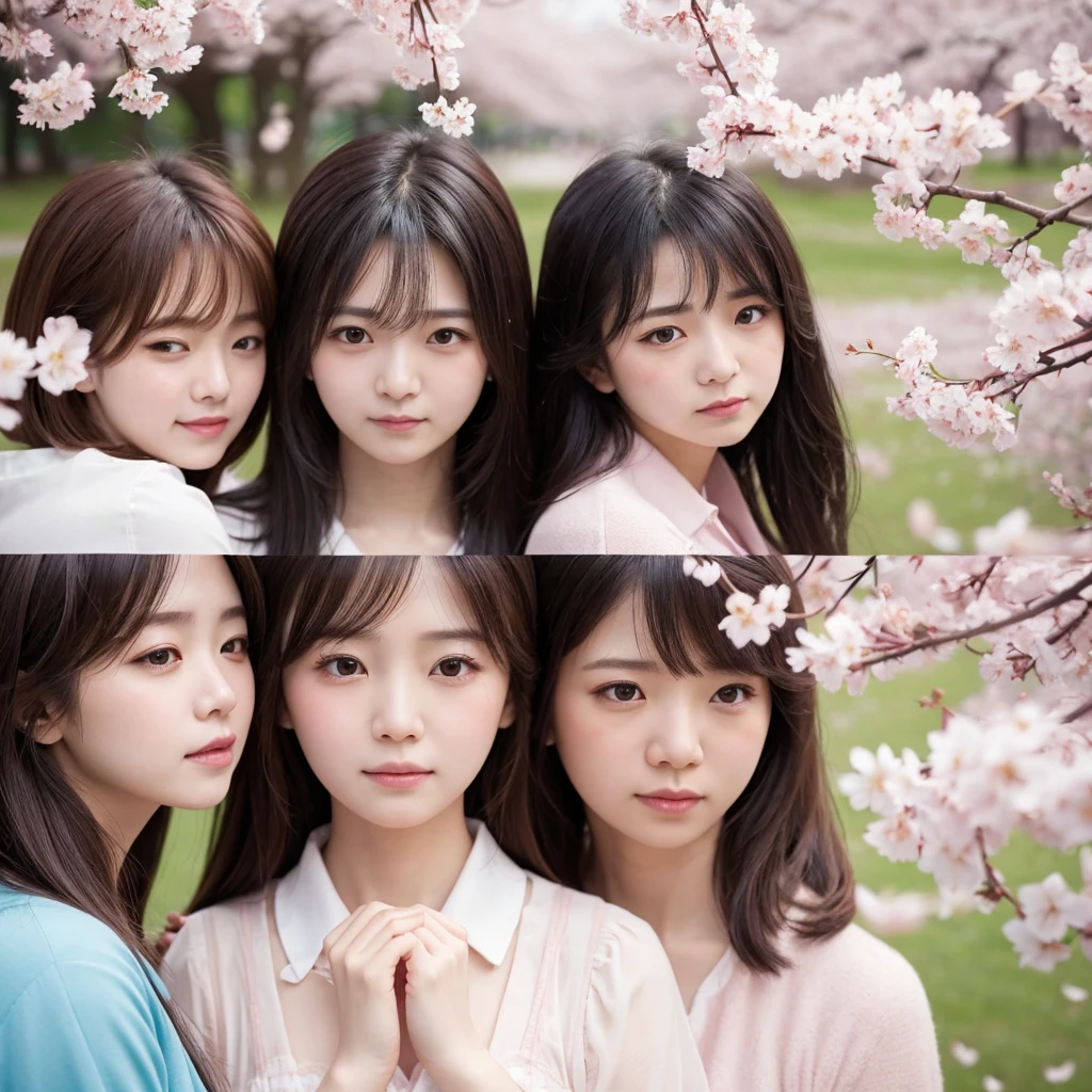 Three cute beauties with sad expressions surrounded by falling cherry blossoms. Close-up shots and soft lighting capture their tearful and emotional expressions, making for a touching and tender scene. The background is filled with delicate falling cherry blossoms.