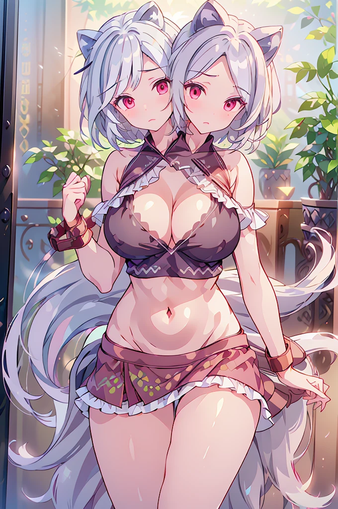 (masterpiece, best quality), best quality, (ultra-detailed), (3heads:1.5), 1girl, (enoko mitsugashira:1.3), masterpiece, best quality, ultra quality, ultra resolution, ultra detail, black and purple top, crop top, ((stomach)), midriff, ((groin)), exposed open belly, pink skirt, normal ears, shackles, grey-white hair, very long hair, wavy hair, sidelocks, red eyes, detailed eyes, parted lips, open belly, sweat, cute, toned belly, hand on own chest, eyelashes, (25 year old woman:1.3), (masterpiece:1.5), (best quality:1.5), (beautiful detailed), extremely detailed CG, extremely delicate and beautiful, depth of field, (finely detailed face), (perfect details:1.2), ( female:1.3), wide pelvis, slender, large veiny breastresolution, highres, very high quality, very high definition, extremely detailed, masterpiece, grey-white hair, long hair, alluring presence, braid, short skirt, close up, very big tits, hu young, dog earear straps,