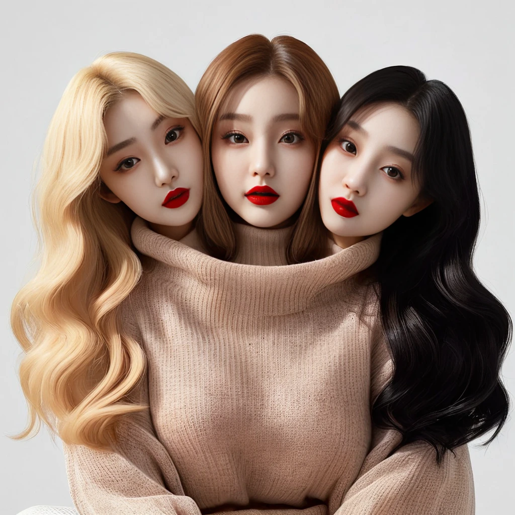 Best resolution, 2heads, korean woman with three heads, red lipstick sweater turtleneck, different faces