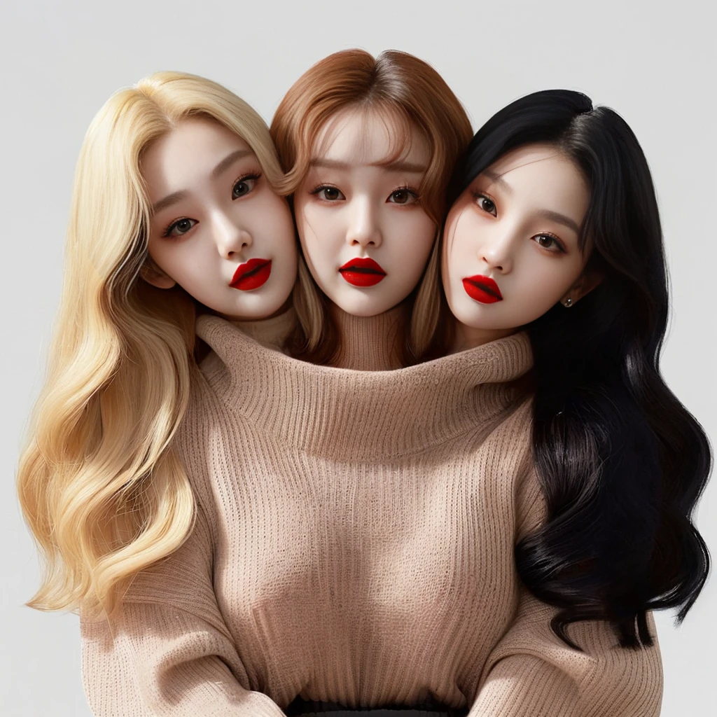 Best resolution, 2heads, korean woman with three heads, red lipstick sweater turtleneck, different faces