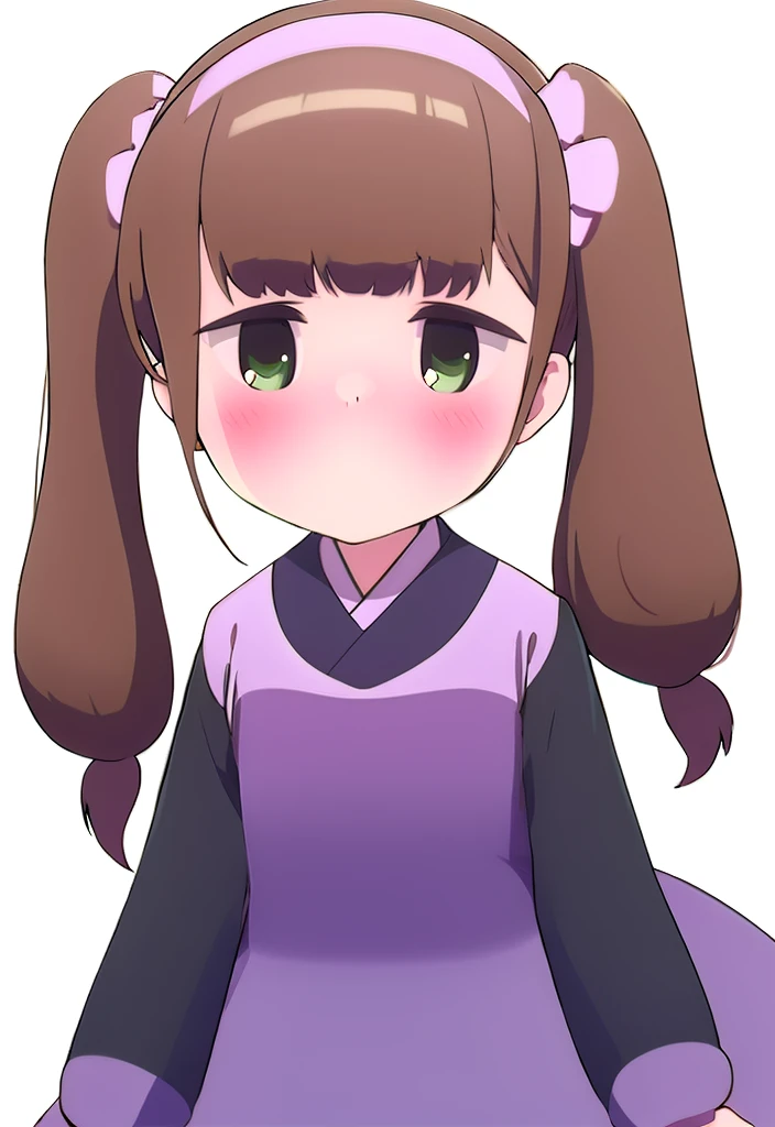 futaba,1girl,solo, brown hair, hairband, purple eyes, blush,looking at viewer, closed mouth, bangs, dress, green hairband,dress,twintails, white background
