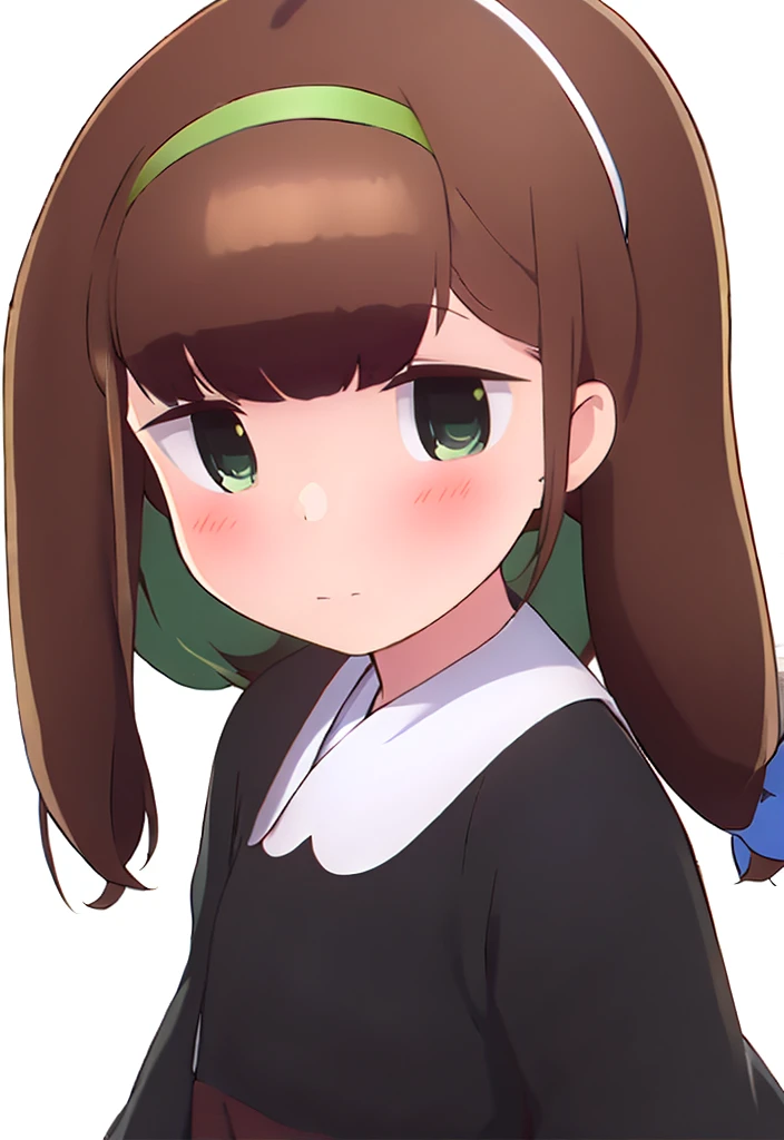 futaba,1girl,solo, brown hair, hairband, purple eyes, blush,looking at viewer, closed mouth, bangs, dress, green hairband,dress,twintails, white background
