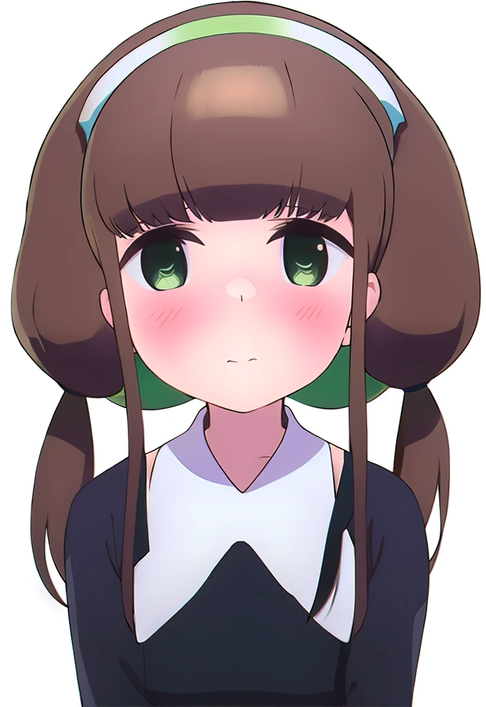 futaba,1girl,solo, brown hair, hairband, purple eyes, blush,looking at viewer, closed mouth, bangs, dress, green hairband,dress,twintails, white background
