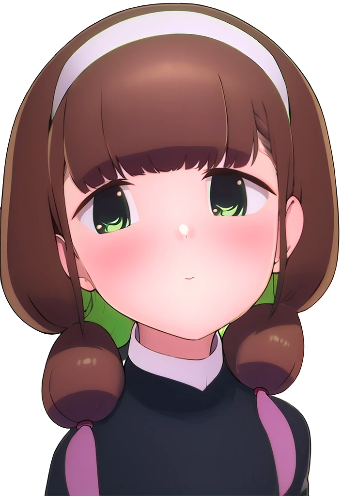 futaba,1girl,solo, brown hair, hairband, purple eyes, blush,looking at viewer, closed mouth, bangs, dress, green hairband,dress,twintails, white background
