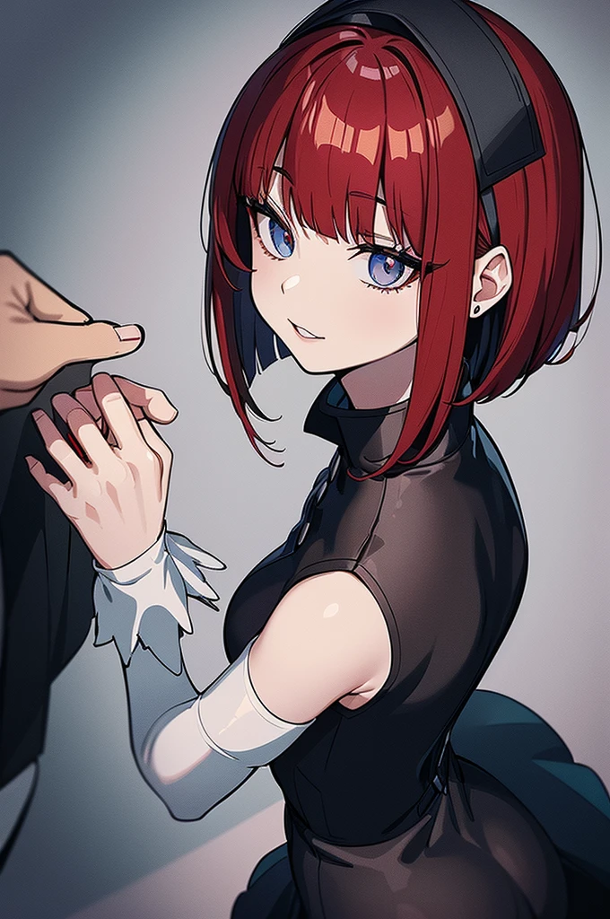a beautiful girl with red hair wearing a black dress, detailed facial features, bob haircut, full body illustration, woman wearing a long black and red coat, solo character, white background, anime style, highly detailed, photorealistic, 8k, best quality, masterpiece, blue eyes, short hair