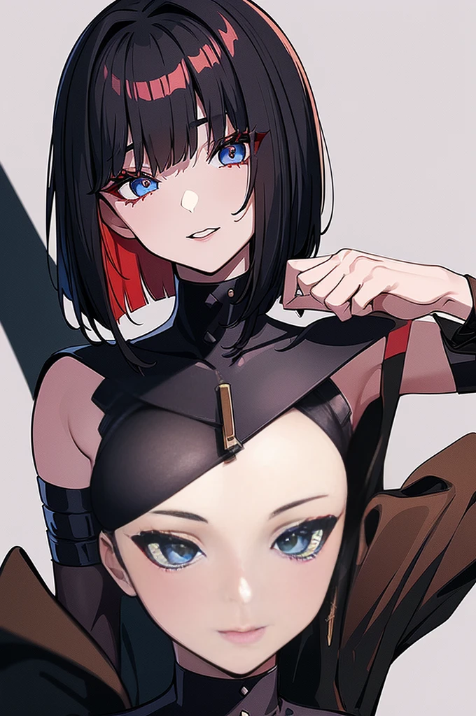 a beautiful girl with red hair wearing a black dress, detailed facial features, bob haircut, full body illustration, woman wearing a long black and red coat, solo character, white background, anime style, highly detailed, photorealistic, 8k, best quality, masterpiece, blue eyes, short hair