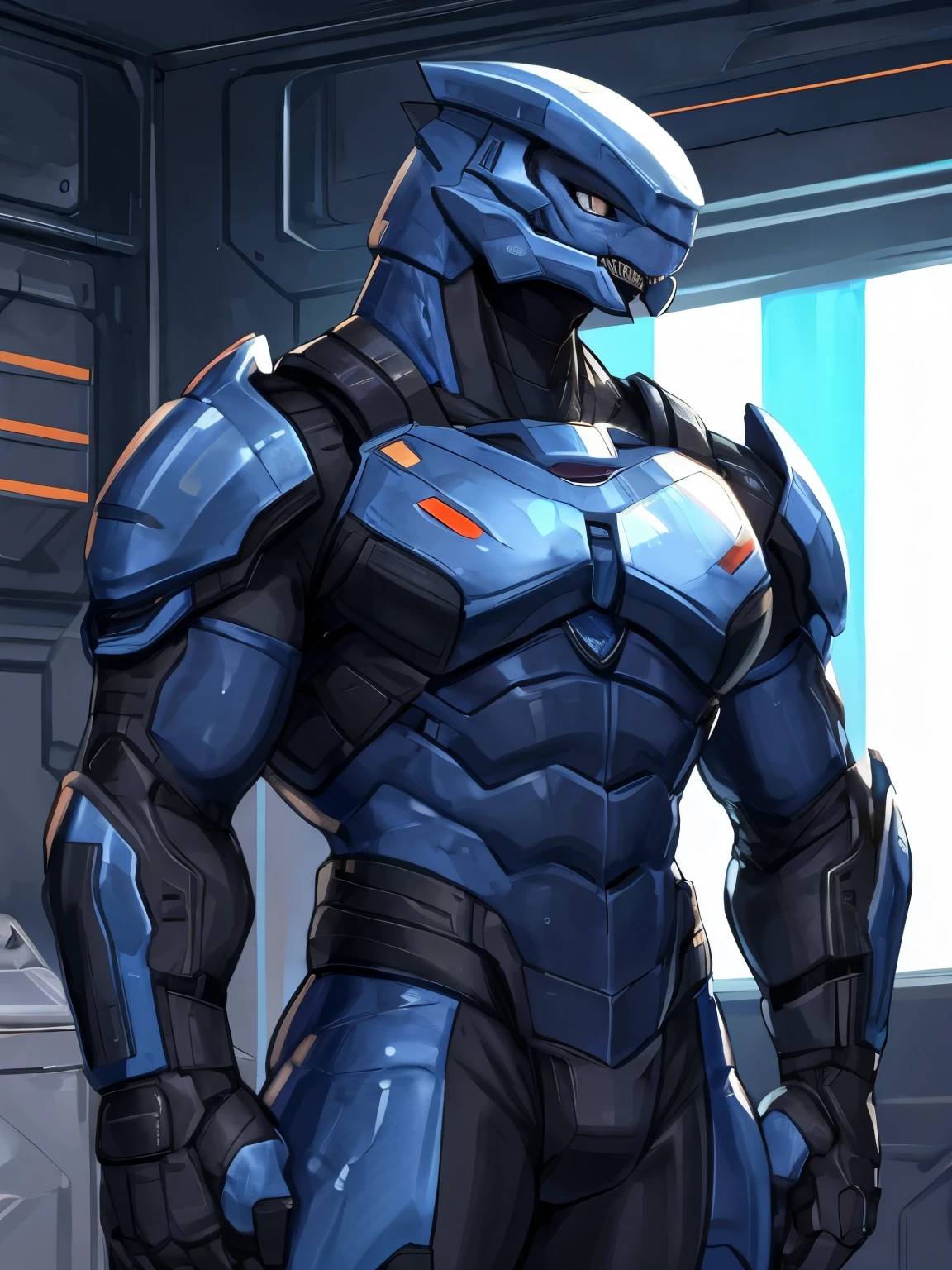 (soft shading), 4k, hi res, ((detailed face, detailed, Best quality, masterpiece, detailed anatomy, detailed eyes, detailed hands, perfect lighting, perfect shading)), by Buta99, by Zackary911, Sangheili, 1male, grey eyes, dark blue scales body, big pecs, muscular body, black bodysuit, in the space bedroom, with Master Chief, two characters
