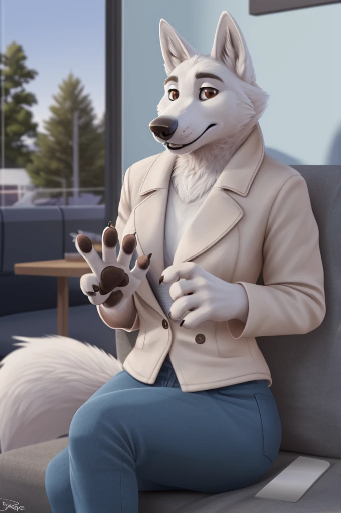 Barbara\(Moscow\), (white body:1.3), white fur, blue eyes, Moscow, dressed, denim shirt, jeans, dog, wolf, Detailed fur, Woman, breasts, anthro, paw pads , finger claws, treats guests, waving to the viewer, 5 fingers, paws, 4 toes, ring, sitting at home
BREAK from nextel, for dating, from xenoforge, (complex, high detail, film shooting, soft focus, RAW sitting at home,
Photorealism, realism, photorealism, digital style, Subsurface scattering,
masterpiece, Best quality, ultra realistic, 8k)