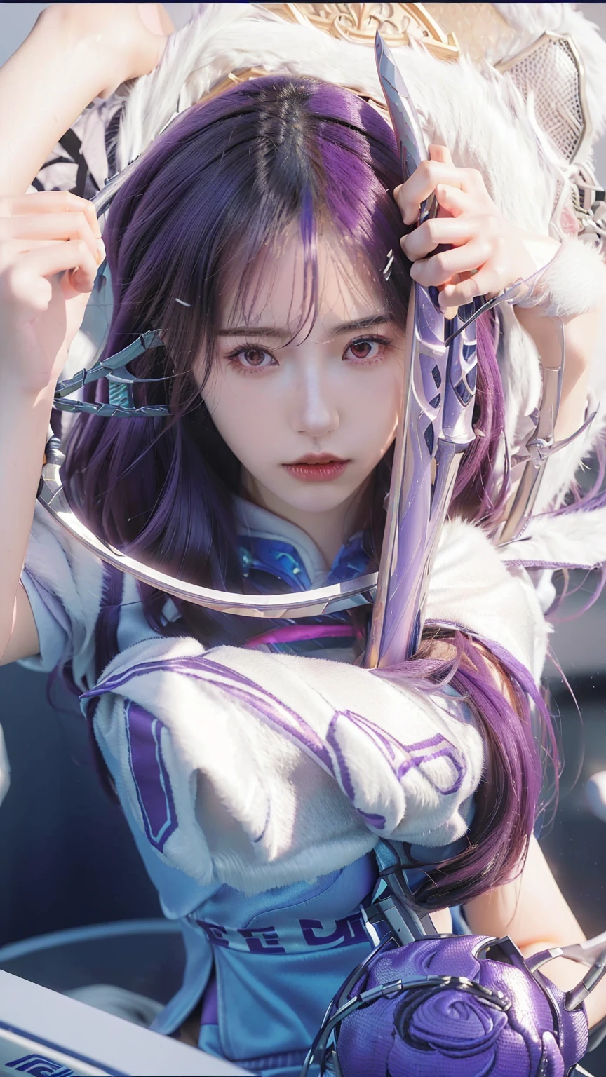 a close up of a woman with purple hair and a sword, portrait knights of zodiac girl, knights of zodiac girl, android heroine, irelia, katana zero video game character, kda, sigma female, seraphine ahri kda, official character art, ig model | artgerm, sakimichan frank franzzeta