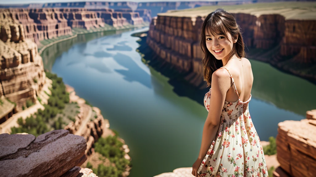 Master piece, CG Unity 8k walpaper, ((Realistic)), Ray Tracing, Beautiful 16 years girl, Korean realistic girl, Ultra Realistic, ultra HD, ((peach colour Sundress dress)), (floral Dress)), ((Grand Canyon River)), Standing beside River, River has Floting water, Canyon Mountains, Beautiful smile, ((smile)), cactus, 