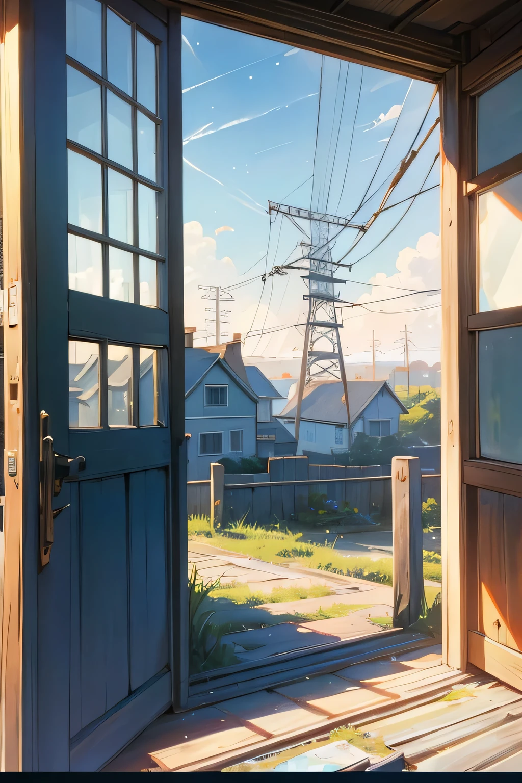 sky, day, outdoors, scenery, building, blue sky, traditional media, power lines, house, aircraft, window, painting,(no humans),Very detailed, realistic details, light particle effects, excellent work, extremely detailed picture descriptions, 8K wallpapers, noticeable light and shadow effects, ray tracing, noticeable gradation, depth of field, best quality