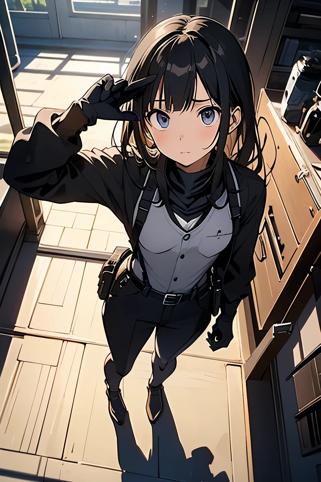 high quality, masterpiece, Ultra-high resolution, (realism: 1.4), Oil painting style, Cinema Lighting, An endless grassland dotted with a few houses, I stood on the empty asphalt road and looked at it., Fairy Mountain々was shrouded in mist, And the suspenders with the cranes flying Moderate breasts Small face holster Lying in bed Looking up Sweat belt summer 脇Sweat Black Hole Gloves suit shirt Black jacket Black trousers Leg Links ズボンにbelt holster Hands behind your back Anxious expression Looking up Anxious face