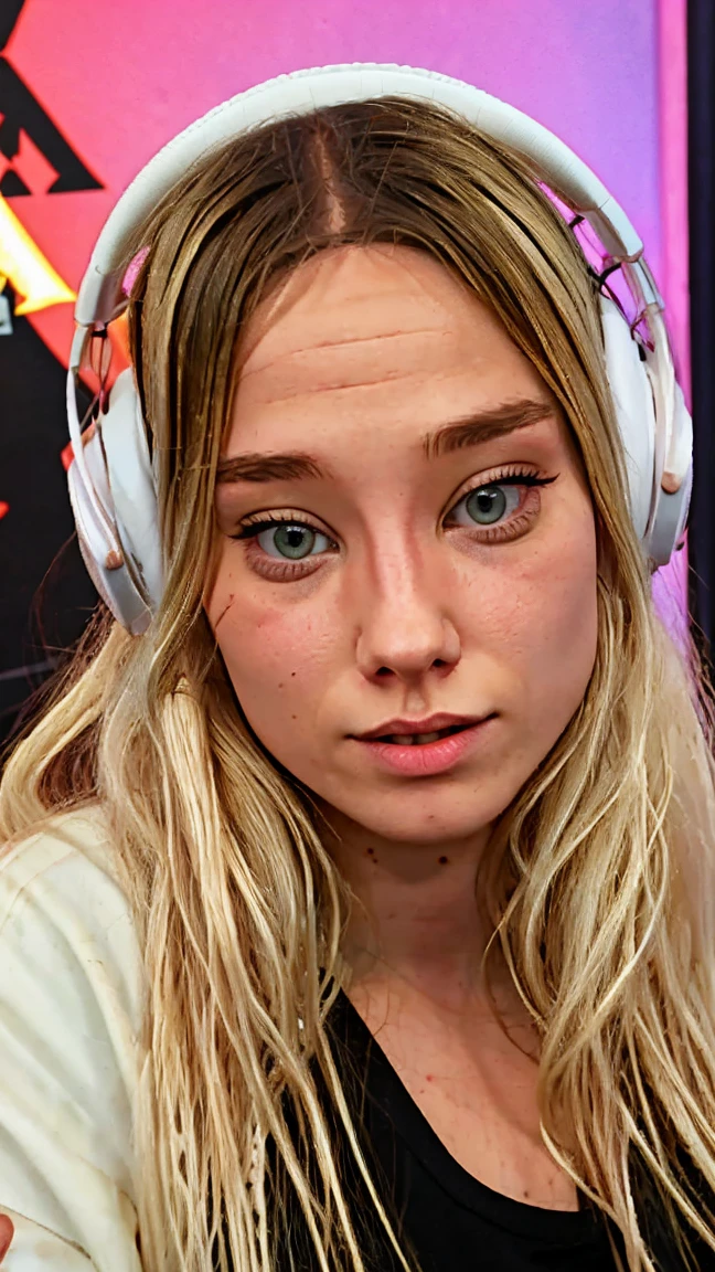 Baghera, blonde hair, nude, pov blowjob, , angry, on a gaming event stage, dick in her mouth , gaming headset, from above, below the desk