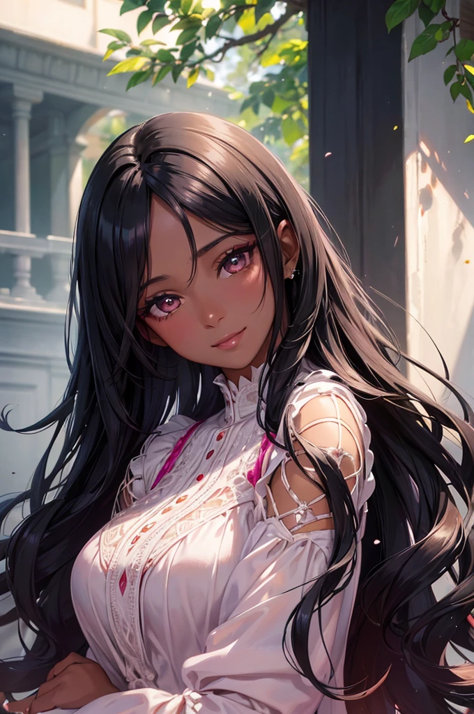 a young adult colombian woman with long silky black hair, dark skin, dark eyes, wearing a vibrant pink long dress, tender smile, detailed face, beautiful detailed eyes, beautiful detailed lips, extremely detailed skin, delicate features, natural lighting, warm colors, hyperrealistic, 8k, high quality, elegant, portrait