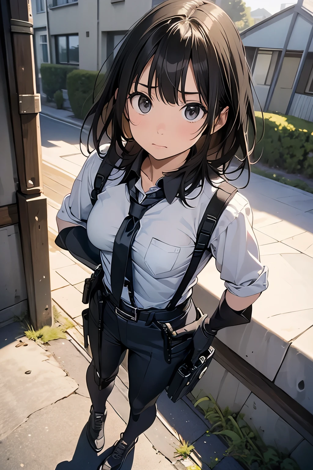 high quality, masterpiece, Ultra-high resolution, (realism: 1.4), Oil painting style, Cinema Lighting, An endless grassland dotted with a few houses, I stood on the empty asphalt road and looked at it., Fairy Mountain々was shrouded in mist, And the suspenders with the cranes flying Moderate breasts Small face holster Lying in bed Looking up Sweat belt summer 脇Sweat Black Hole Gloves suit shirt Black jacket Black trousers Leg Links ズボンにbelt holster Hands behind your back Anxious expression Looking up Anxious face
