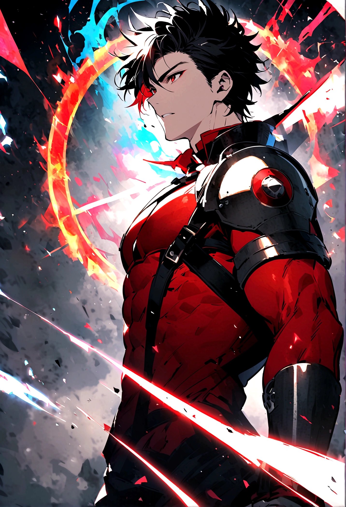 masculine man, high , muscular , armadura tecnologica negra de metal sin casco y capa de color rojo, short black hair combed back and Red eyes ,24 years old , sin delineo de ojos