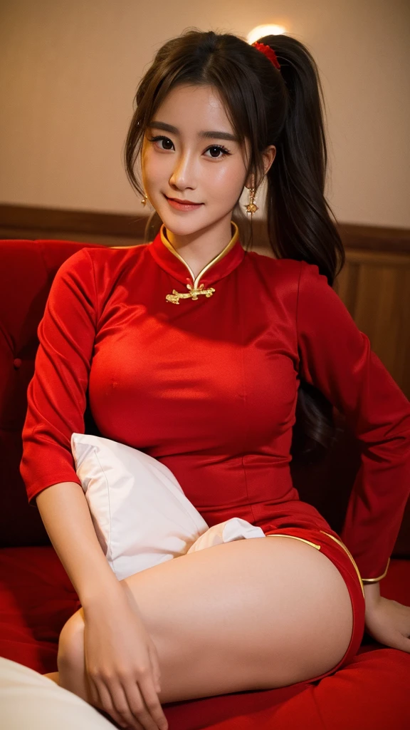 (8K, highest quality, masterpiece: 1.3), (realistic, photorealistic: 1.4), ultra high definition, (ao dai), (red clothes), (japanese female), (high-definition cute face), (large breasts), brown hair, ponytail hair, professional lighting, (closed mouth: 1.2), blush, smile, lingerie