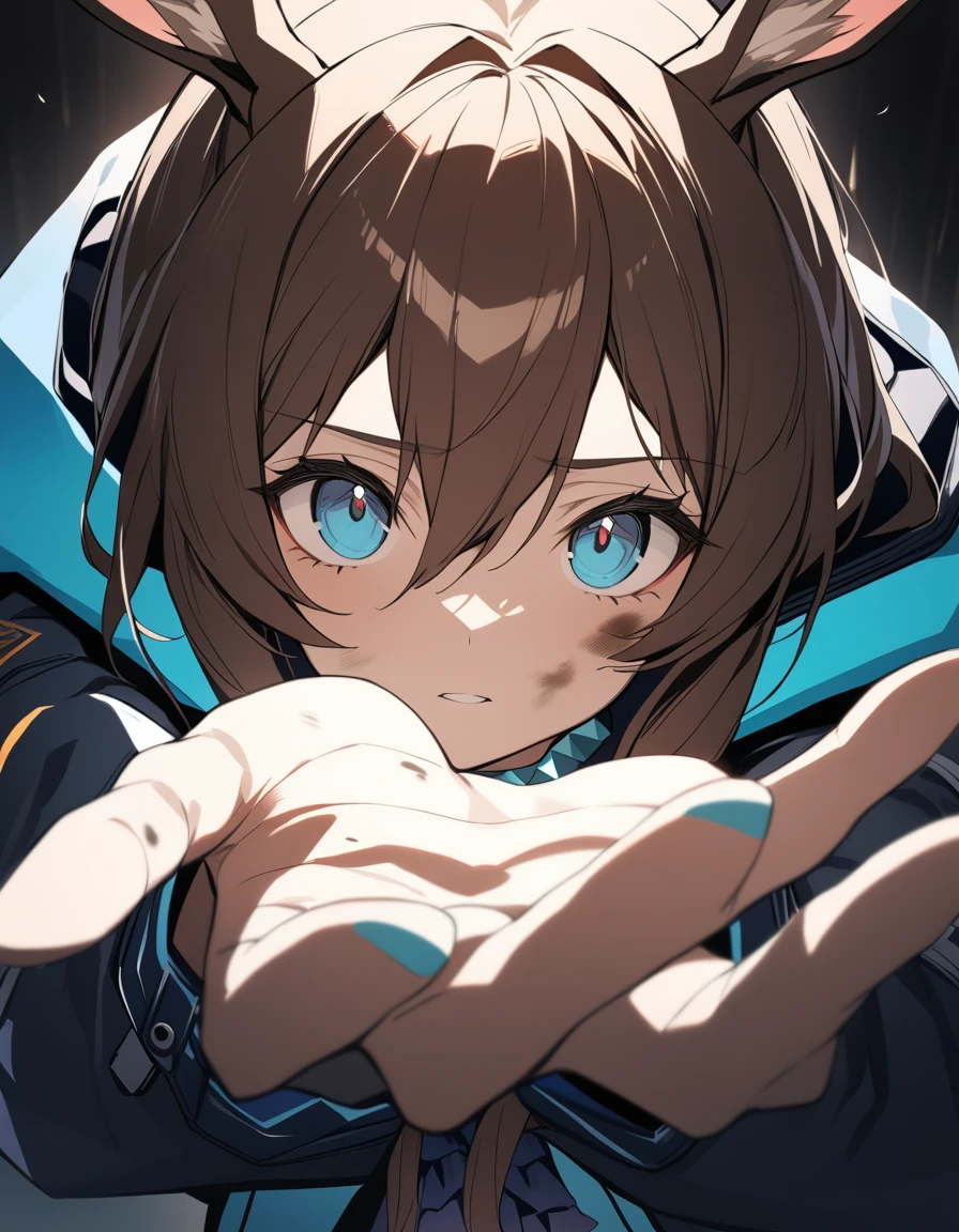 1girl, amiya \(arknights\), arknights, dirty face, outstretched hand, close-up, cinematic angle, foreshortening, dark, dark background, masterpiece, best quality