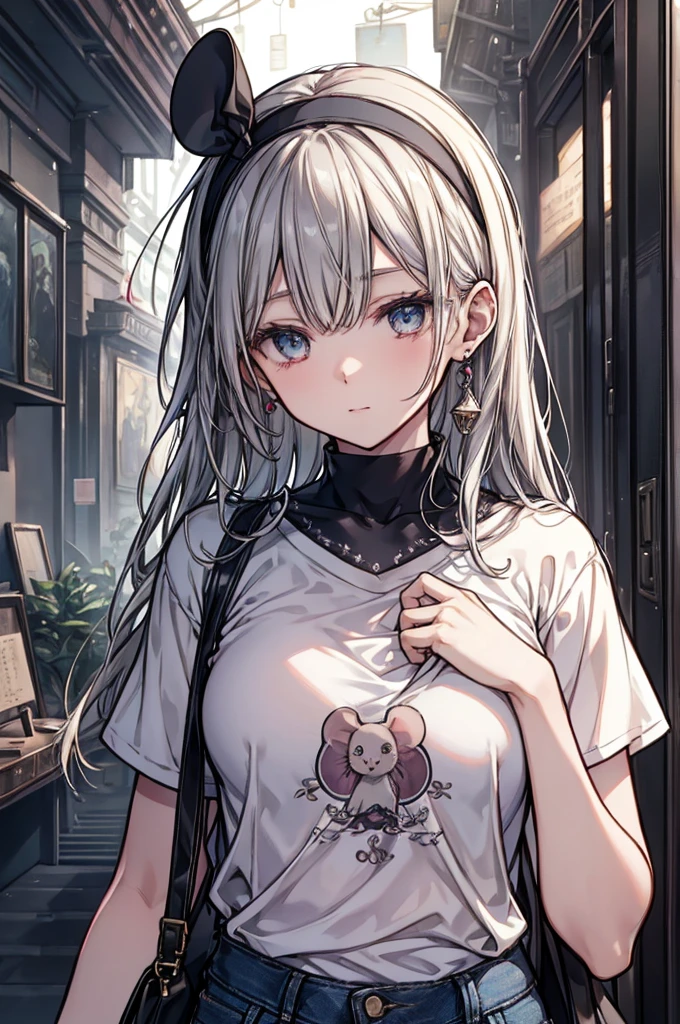 High resolution RAW color art, animation,Sculpture, Silver Marble Skin, (((Very detailed and elegant))), Magical atmosphere, Fine skin, texture,(Exquisitely crafted, Down to the last detail, Highly detailed art), Written boundary depth, Bokeh, Silky Touch, Hyper Detail, Matte Drawing, (Gear Factory), Cute eyes, Elegant face, Neon Light, Look to the side,From the ????? up、T-Shirts、Short denim pantickey Mouse Headband