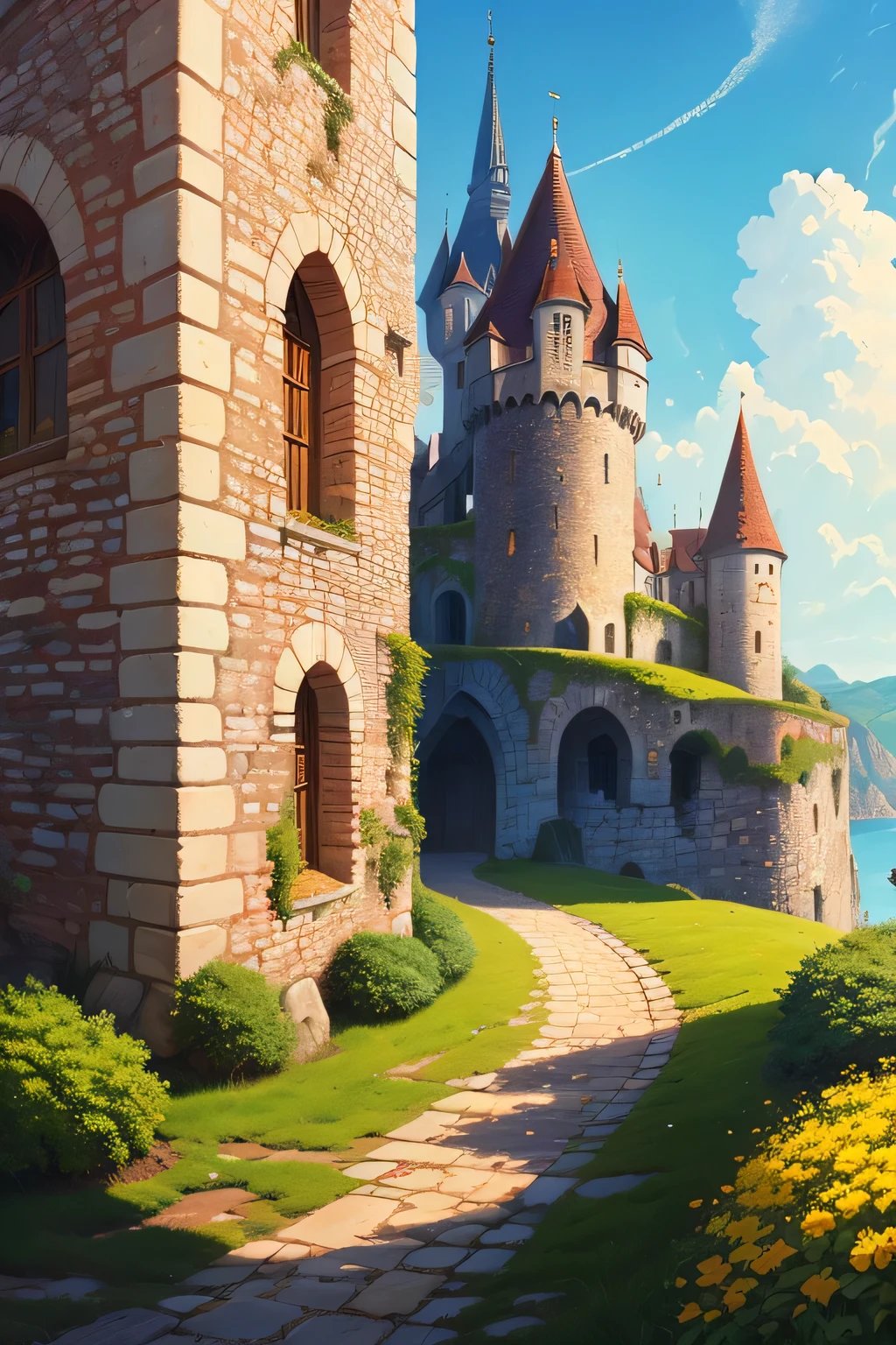 ((best qualityer)), ((work of art)), (detailded), a fortified stone citadel, sunny day , clear lighting, detailed shadows 