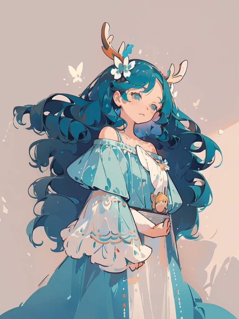 Head-shot, 1girl, long wavy tosca blue hair, deer ears, white deer antlers, butterfly hair ornament, blue flower, elegant white off shoulder dress, teaseful expression, splash background, solo, sketch, portrait for profile