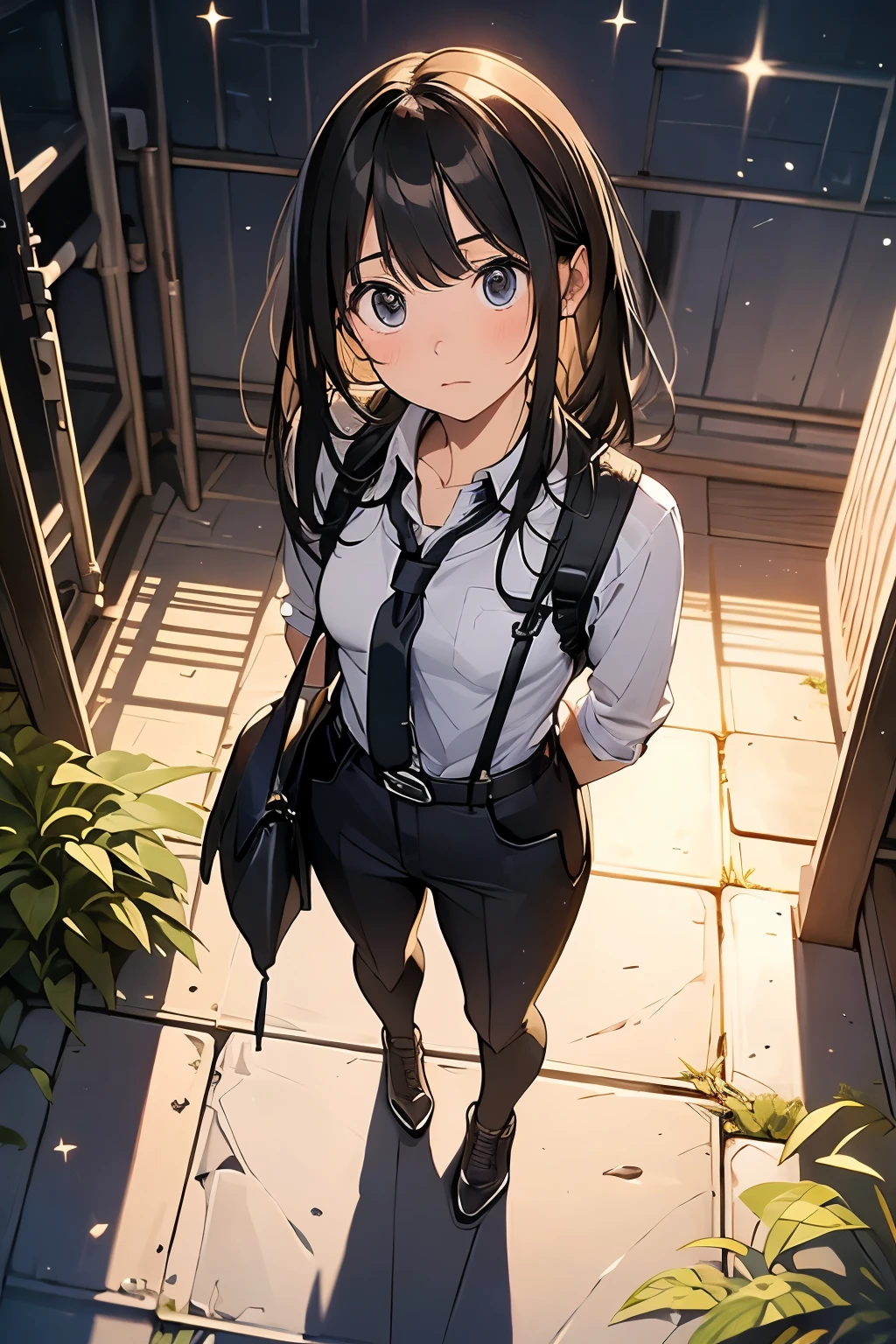 high quality, masterpiece, Ultra-high resolution, (realism: 1.4), Oil painting style, Cinema Lighting, An endless grassland dotted with a few houses, I stood on the empty asphalt road and looked at it., Fairy Mountain々was shrouded in mist, And the suspenders with the cranes flying Moderate breasts Small face holster Lying in bed Looking up Sweat belt summer 脇Sweat Black Hole Gloves suit shirt Black jacket Black trousers Leg Links ズボンにbelt holster Hands behind your back Anxious expression Looking up Anxious face