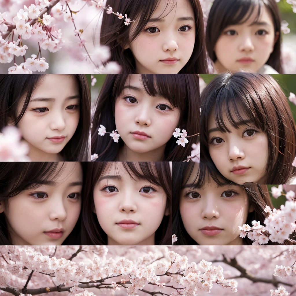 Surrounded by falling cherry blossoms, the three cute, beautiful girls have sad expressions. Close-up shots and soft lighting capture their tearful, emotional expressions, making for a touching and tender scene. The background is filled with delicate falling cherry blossoms.