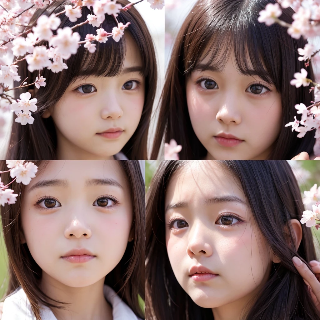 Surrounded by falling cherry blossoms, the three cute, beautiful girls have sad expressions. Close-up shots and soft lighting capture their tearful, emotional expressions, making for a touching and tender scene. The background is filled with delicate falling cherry blossoms.