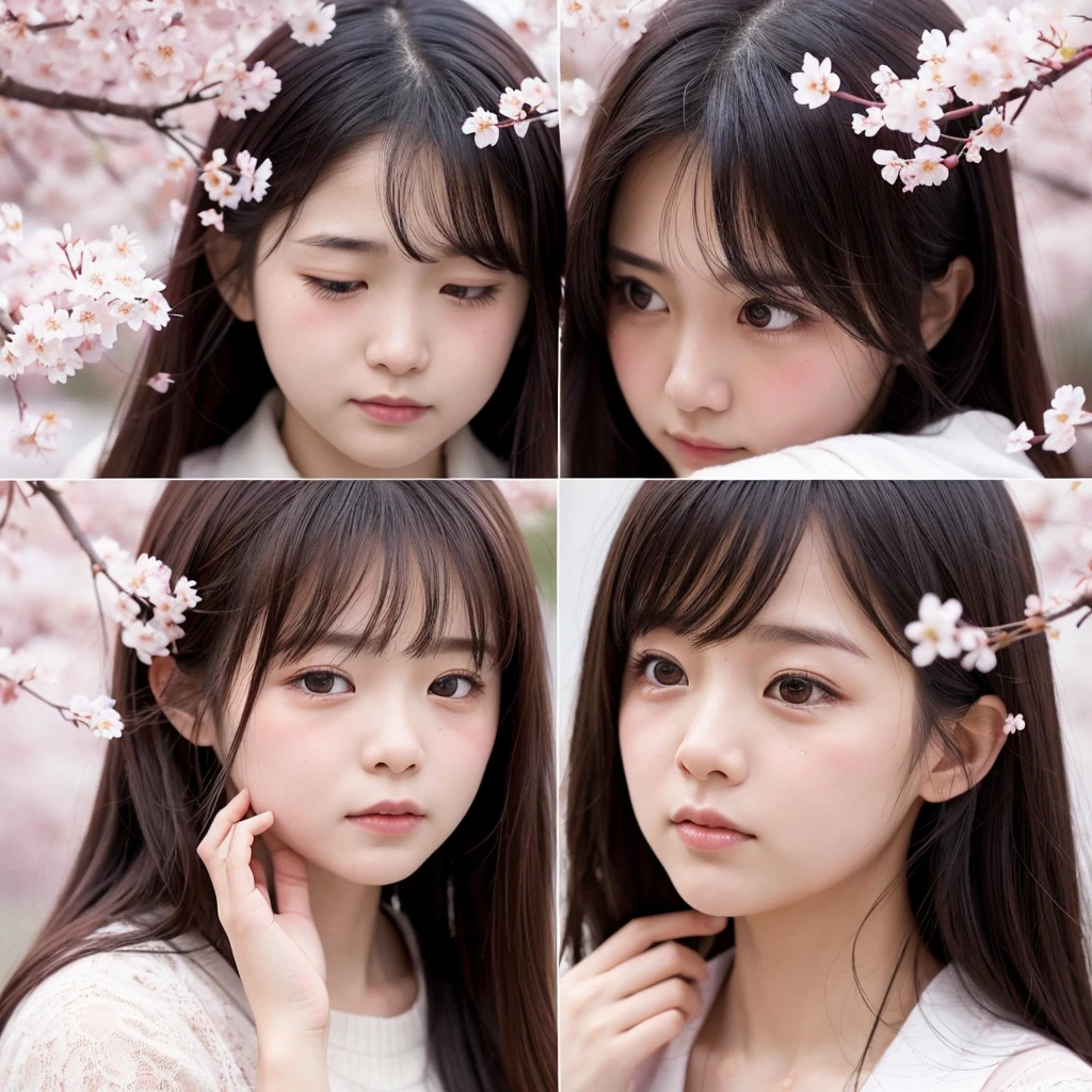 Surrounded by falling cherry blossoms, the three cute, beautiful girls have sad expressions. Close-up shots and soft lighting capture their tearful, emotional expressions, making for a touching and tender scene. The background is filled with delicate falling cherry blossoms.