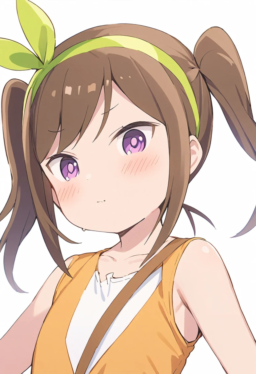 futaba,1girl,solo, brown hair, hairband, purple eyes, blush,looking at viewer, closed mouth, bangs, dress, green hairband,dress,twintails, white background,
