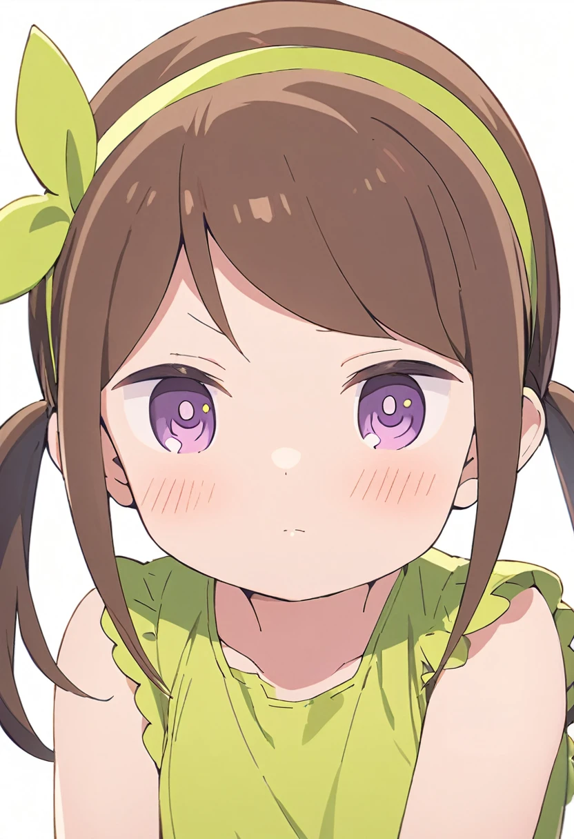 futaba,1girl,solo, brown hair, hairband, purple eyes, blush,looking at viewer, closed mouth, bangs, dress, green hairband,dress,twintails, white background,
