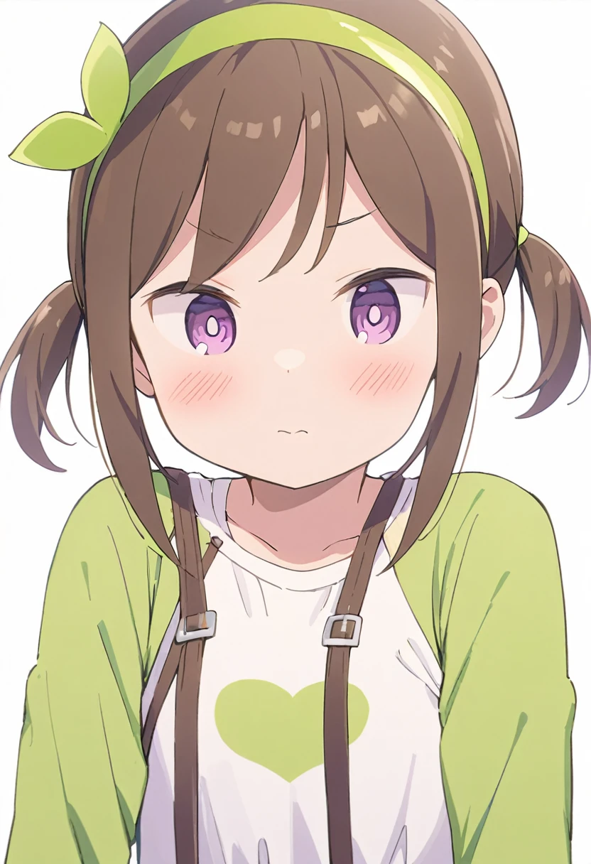 futaba,1girl,solo, brown hair, hairband, purple eyes, blush,looking at viewer, closed mouth, bangs, dress, green hairband,dress,twintails, white background,
