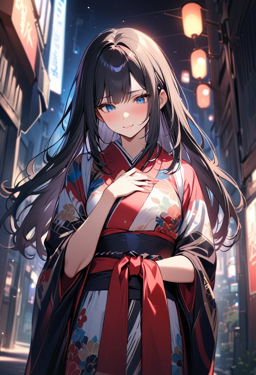 1 girl, long hair, black hair, straight hair, short bangs above brows, blue eyes, looking down, shy, warm smile, hand on own chest,
BREAK (masterpiece), (high resolution 8K), cinematic lighting, professional lighting, detailed eyes and face, detailed body,
BREAK kimono, hapanese kimono with breathtaking beautiful flower pattern,
BREAK outdoors, cowboy shot,