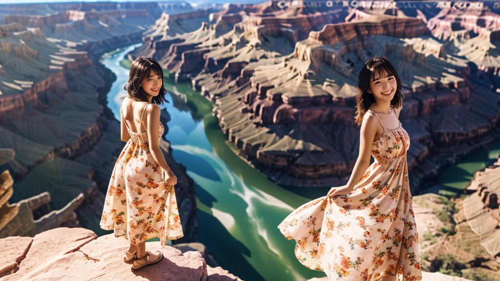 Master piece, CG Unity 8k walpaper, ((Realistic)), Ray Tracing, Beautiful  girl, Korean realistic girl, Ultra Realistic, ultra HD, ((peach colour Sundress dress)), (floral Dress)), ((Grand Canyon River)), Standing beside River, River has Floting water, Canyon Mountains, Beautiful smile, ((smile)), cactus, 