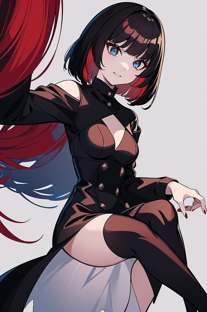 a beautiful girl with red hair wearing a black dress, detailed facial features, bob haircut, full body illustration, woman wearing a long black and red coat, solo character, white background, anime style, highly detailed, photorealistic, 8k, best quality, masterpiece, blue eyes, short hair