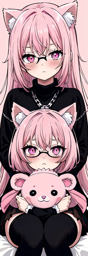 pink hair black glasses pink eyes extremely blushing a big pink sweater a short black skirt at the waist some chains black stockings that she is a reserved girl in her bed that she is hugging a stuffed animal of one among her