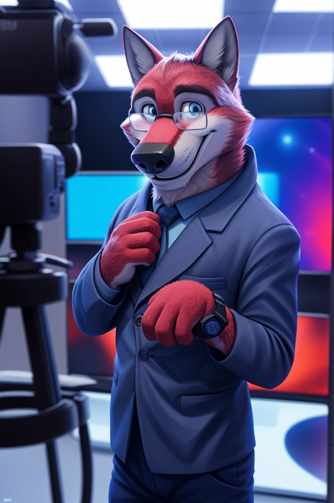 Ivan Fedorovich Wolfbach (Novosibirsk) ,tall handsome, wolf,young, 24 years, brown fur,Kind,(red body:1.3),beautiful blue eyes,Novosibirsk,dressed, Blue jacket, black glasses, shirt, Yellow tie, blue pants, wolf, detailed fur, male,paw pads, finger claws,At the viewer, 5 fingers, paws, 5 fingers, smile, wrist watch, т nextel,by xenoforge, (difficult, high detail, digital photography, soft focus, RAW variety близко к камере, variety,Novosibirsk, smile, good mood, positive, Very close to the camera,presenter Moscow, TV channel Russia 1,lead photorealism, realistic, digital style, Subsurface scattering,looks at the squares, News studio, a good mood, funny,
masterpiece, Best quality, ultra realistic, 8 thousand.)