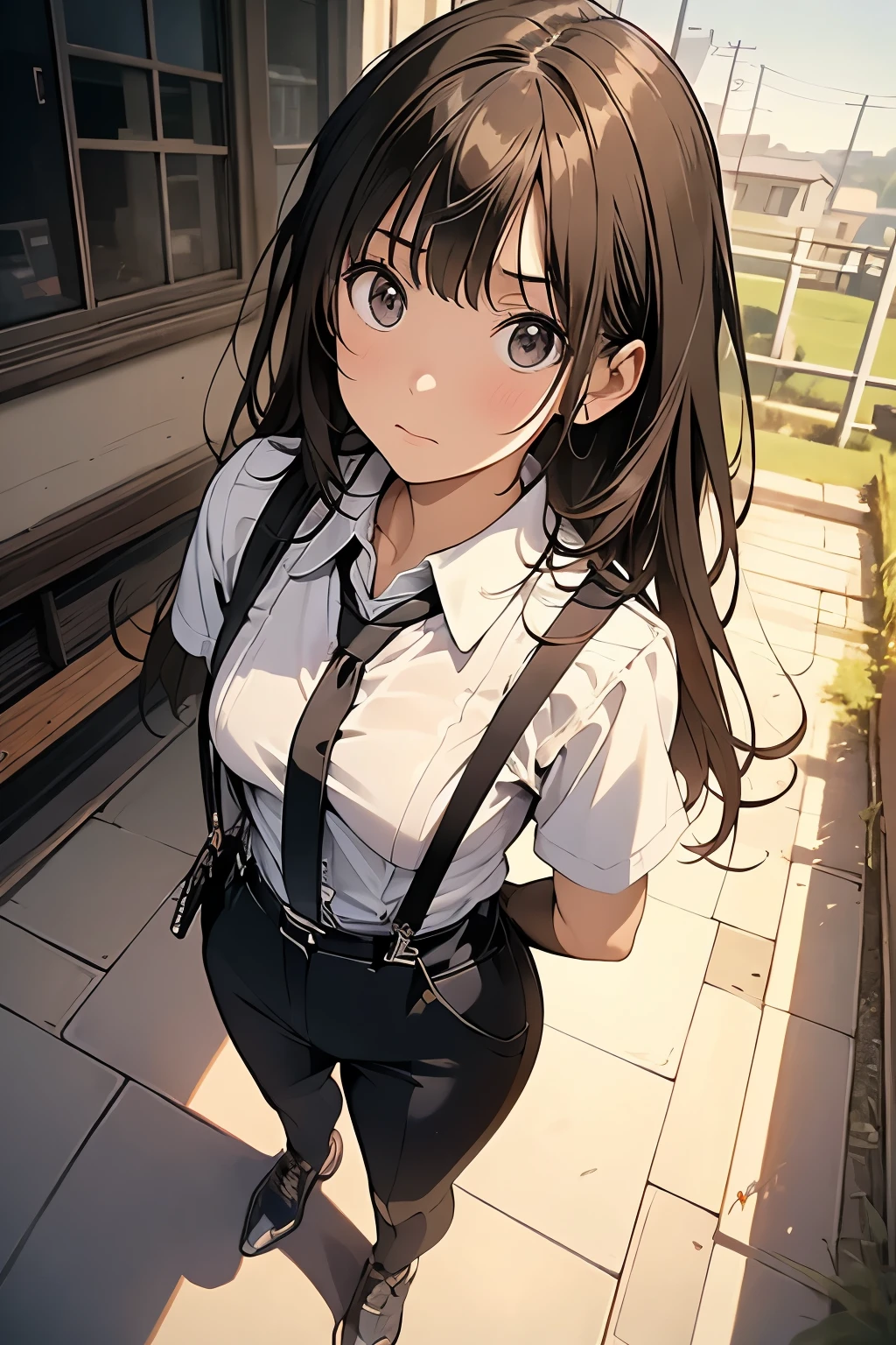 high quality, masterpiece, Ultra-high resolution, (realism: 1.4), Oil painting style, Cinema Lighting, An endless grassland dotted with a few houses, I stood on the empty asphalt road and looked at it., Fairy Mountain々was shrouded in mist, And the suspenders with the cranes flying Moderate breasts Small face holster Lying in bed Looking up Sweat belt summer 脇Sweat Black Hole Gloves suit shirt Black jacket Black trousers Leg Links ズボンにbelt holster Hands behind your back Anxious expression Looking up Anxious face