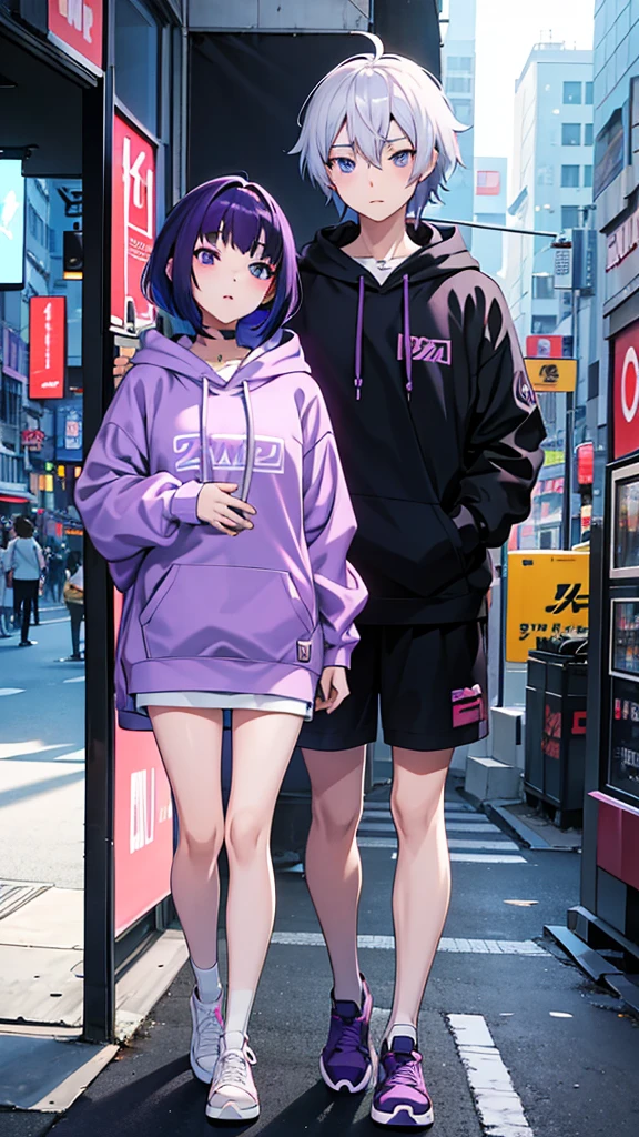 Anime girl with purple hair and a purple hoodie posing for a photo, Ilya Kuvshinovによるアニメの絵, Topics on pixiv, Self-sastructing art, Cyberpunk anime girl in a hoodie, Anime Style 4k yen, Ilya Kuvshinov. 4k yen, Anime Style. 8K, Anime Moe Art Style, Gweiz-style artwork、Character design sheet