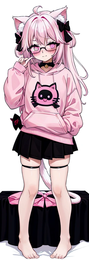 I have white pink hair, cat ears, a bow, my face is super blushing, black glasses, pink heart eyes, a big pink sweatshirt, a black skirt, black stockings, what&#39;s up, barefoot, a cat&#39;s tail, a girl Very shy