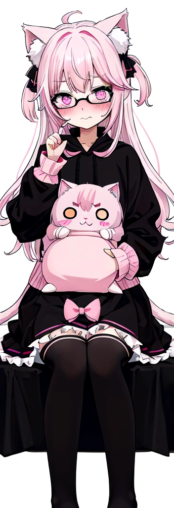 I have white pink hair, cat ears, a bow, my face is super blushing, black glasses, pink heart eyes, a big pink sweatshirt, a black skirt, black stockings, what's up, barefoot, a cat's tail, a girl Very shy