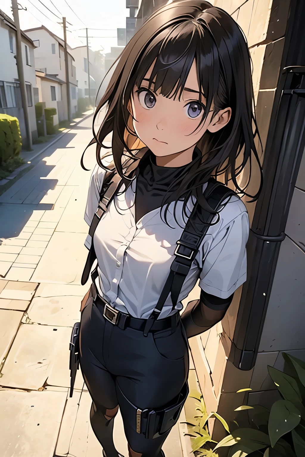 high quality, masterpiece, Ultra-high resolution, (realism: 1.4), Oil painting style, Cinema Lighting, An endless grassland dotted with a few houses, I stood on the empty asphalt road and looked at it., Fairy Mountain々was shrouded in mist, And the suspenders with the cranes flying　　　Moderate breasts　 　 　　　　Small face　 　　　holster　　　　　　　 Lying in bed　Looking up　　　　Sweat 　　　belt　summer　脇Sweat 　Black Hole Gloves　suit　shirt　　Black jacket　 Black trousers　Leg Links　ズボンにbelt　　holster　 　　Hands behind your back　 Anxious expression　Looking up　Anxious face