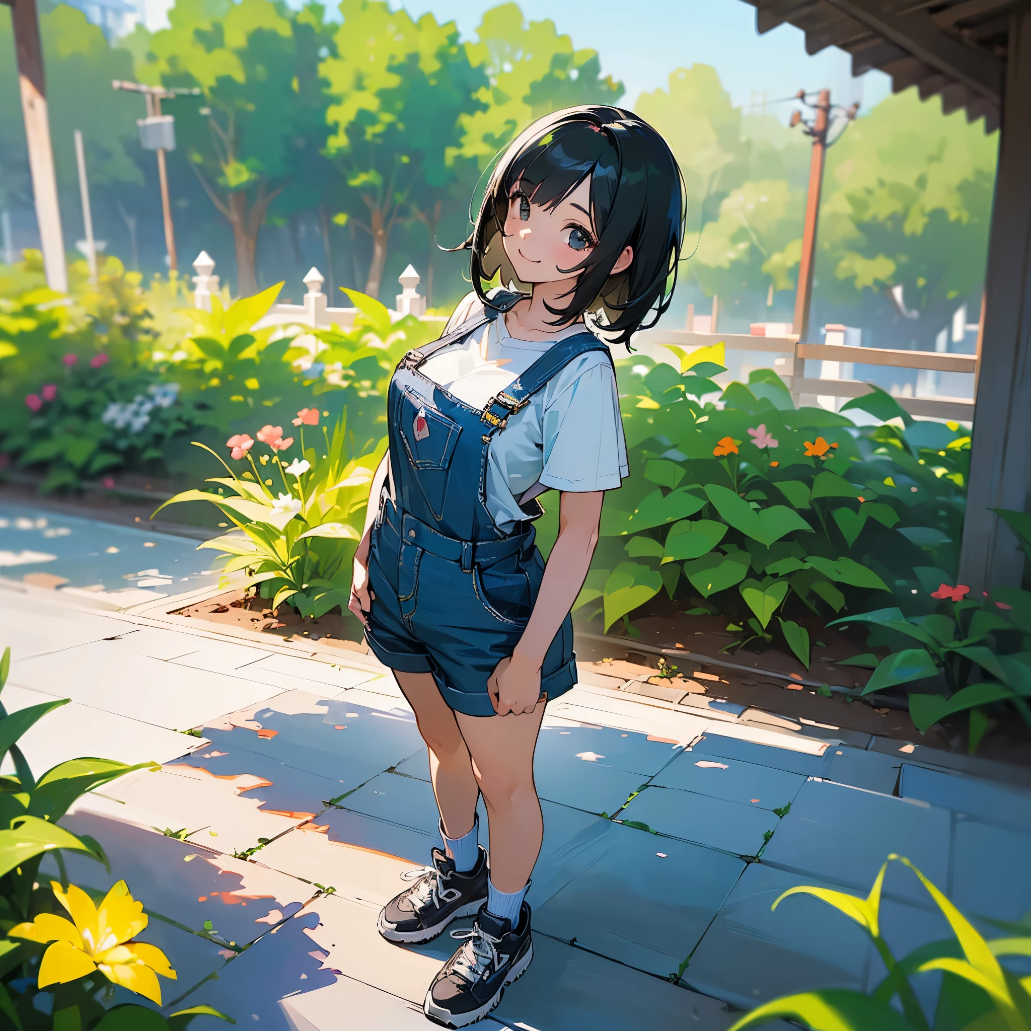 (high quality, High resolution, Very detailed, reality:1.37), Peaceful atmosphere, (Outdoor, garden), Teenage girl standing alone, (my breasts are big.), Beautiful details, Cute Smile, (Black bob hair), Short sleeve shirt, Overalls, Blue socks, sneakers.