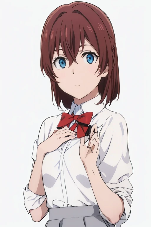 Brown red hair, blue eyes, uniform school, white tshirt, gray skirt