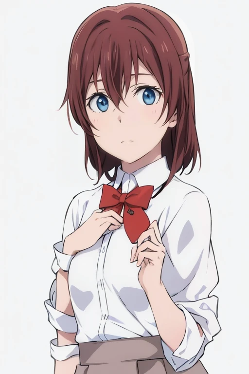 Brown red hair, blue eyes, uniform school, white tshirt, gray skirt